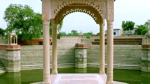 Entering a pagoda in an ancient temple complex. Tracing shot. The camera slowly  Stock Footage 51108019