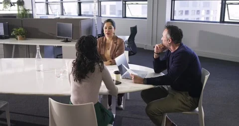 Entering panel interview at round table female candidate sliding report Stock Footage 341089378