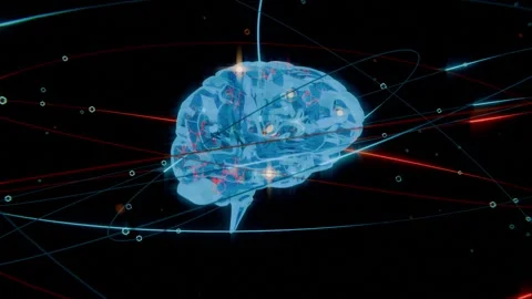Entering red arc initiating data flow, pulsing blue 3D brain floating with neon Stock Footage 339721967