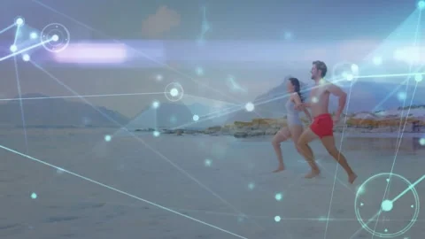 Entering from right, pair running as net overlay shifting over them, man surging Stock Footage 331235421