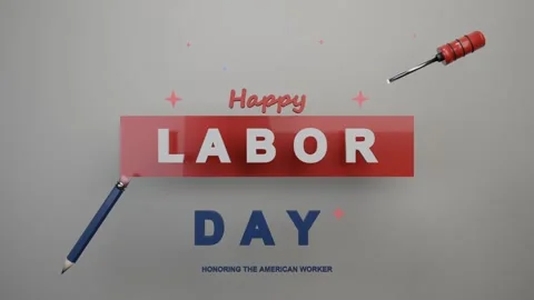 Entering roller applying glossy LABOR bar on gray stage, showing Happy DAY Stock Footage 340268232