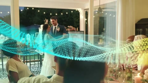 Entering sliding doors, bride and groom dancing toward guests, celebrating Stockbeeldmateriaal 333288036