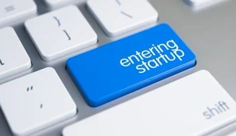 Entering Startup - Message on Blue Keyboard Button. 3D. Stock Illustration