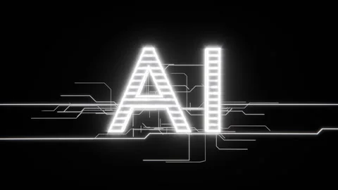 Entering thin glowing line moving toward center AI glyph on black field, forming Stock Footage 337964583