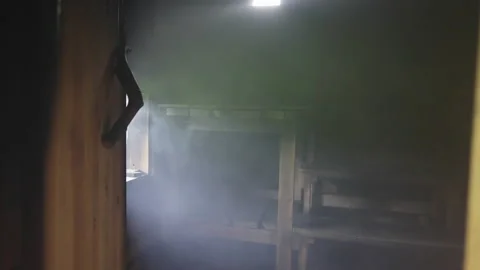 Entering Through Door into Empty Traditional Hot Wooden Dark Steam Sauna Vidéo 200820511