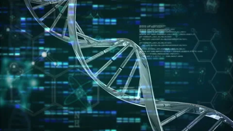 Entering view 3D helix rotating clockwise, pulsing glow, scrolling code, Stock Footage 310972115