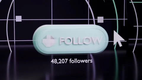 Entering white cursor from right hovering clicking FOLLOW button on dark floor, Stock Footage 339194045