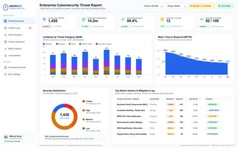 Enterprise Cybersecurity Threat Report Dashboard with Data Visualization Char Illustrazione stock