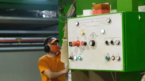 Enterprise for the production of cardboard containers . Machine control panel Stock Footage 147304525
