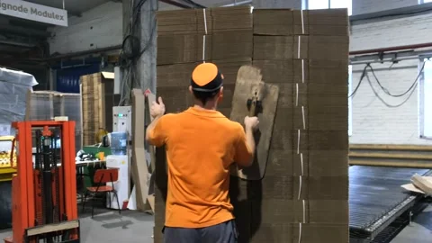 Enterprise for the production of cardboard containers . A worker aligns Stock Footage 150907129