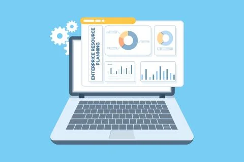 Enterprise resource planning software on a laptop helps teams coordinate tasks Illustrazione stock