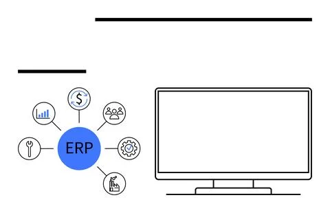 Enterprise Resource Planning System with Key Functional Icons and Computer .. Stock Illustration