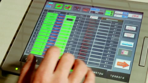 Enterprise. The worker by pressing the buttons on the control panel puts the Video stock 197410392