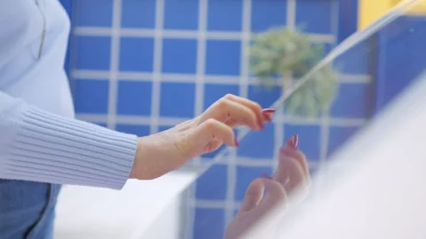 Entertainment and technology concept. Man using interactive touchscreen display Stock Footage 275212885