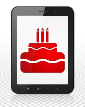 Entertainment, concept: Tablet Pc Computer with Cake on display Illustrazione stock