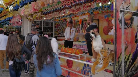 Entertainment at the fair - booths with games and winning prizes Stock Footage