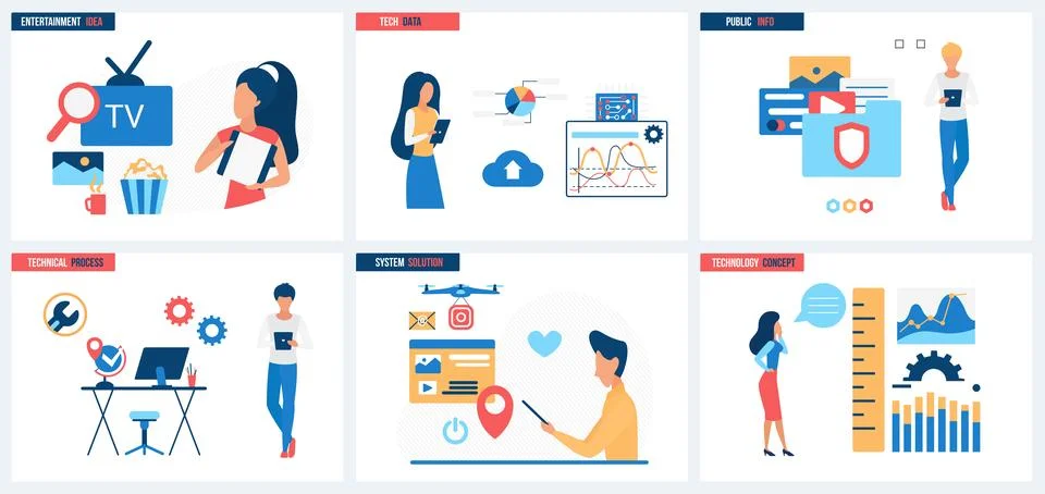 Entertainment idea, tech data and solution systems set, tiny people work with Stock Illustration