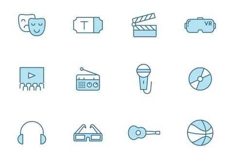 Entertainment linear vector icons in two colors isolated on white background. Illustrazione stock