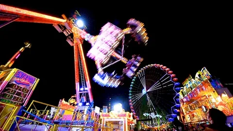 Entertainment rides at night fair. Stock Footage 108778618