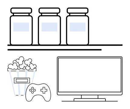 Entertainment setup with TV, gaming controller, popcorn, and shelf with jar.. Stockillustratie