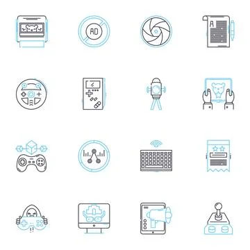 Entertainment technology linear icons set. Streaming, Gaming, Virtual, Augmented 스톡 일러스트