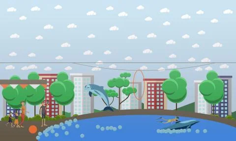 Entertainments with trained dolphins vector illustration in flat style Stock Illustration