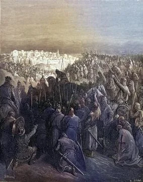 Enthusiasm of the crusaders at the first sight of Jerusalem First Crusade 1099 Stock Illustration
