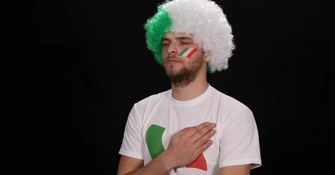 Enthusiast Italian Supporter Man Listening Italy Patriotic Anthem Fan Enjoy Game Stock Footage