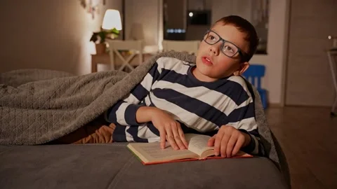 Enthusiastic boy reading book in cozy home setting Stock Footage 296199729