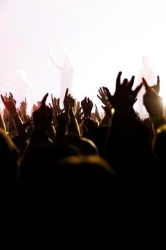 Enthusiastic crowd and raised hands at live rock concert Stock Photos