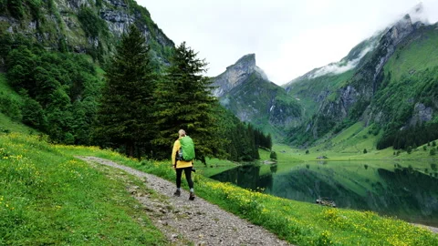 Enthusiastic Hiker Exploring Scenic Mountain Landscape with a Beautiful Stock Footage 315968115