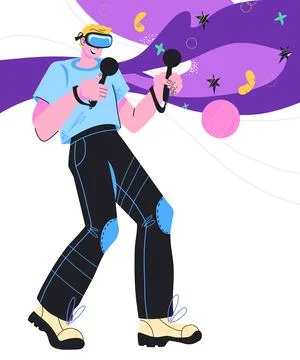 Enthusiastic man in virtual reality headset, cartoon vector illustration isol Stock Illustration