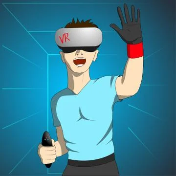 Enthusiastic man in virtual reality holds the remote and raising his hand. Stock Illustration