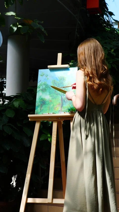 An enthusiastic young artist deeply engaged in painting inside a sunlit art Stock Footage 311908175