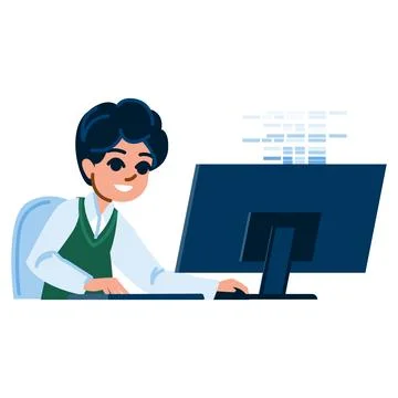 Enthusiastic young programmer working on a desktop computer, writing code and Stock Illustration