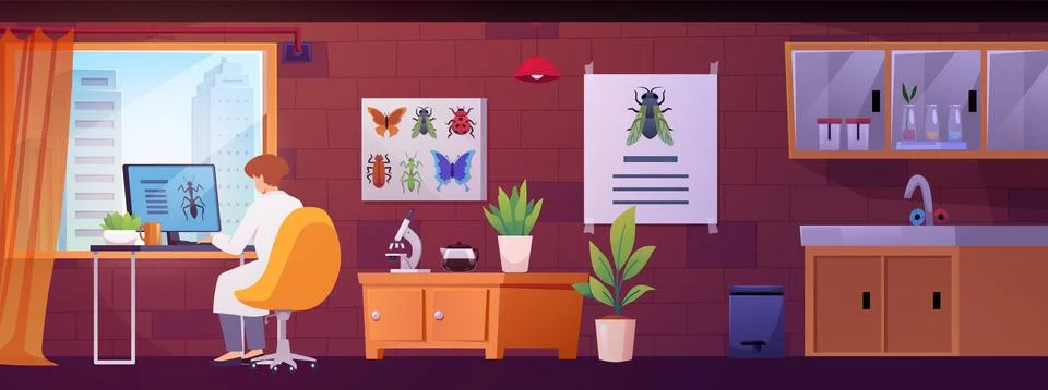 Entomological laboratory vector flat interior, entomologist exploring insects Stock Illustration