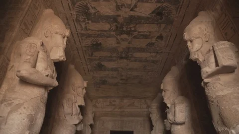 The entrance of Abu Simbel temple with Osiris statues. Stock Footage