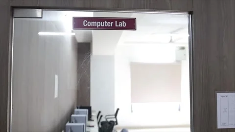 Entrance Door to Computer Lab Room in Modern Educational Institute or Corporate Stock Footage 333605442