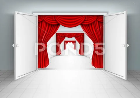 Entrance doors with red curtains Stock Illustration