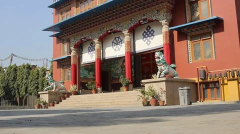 The entrance to the monastery is guarded by stone lions Stock Footage 59011642