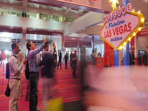 Entrance to NAB Show 2015 exhibition Las Vegas Convention Center Welcome sign Stock Footage