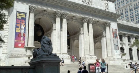 Entrance to the New York Public Library with Lion Stock Footage