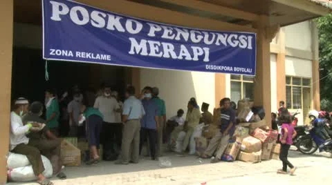 Entrance To Refugee Camp During Merapi Volcano Eruption Crisis Stock Footage 8980722