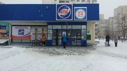 The entrance of the Superstore in .Snowfall. Stock Footage 86283838
