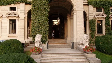 Entrance to villa Erba. This manor is a symbol of Italian cinema on Lake Como Stock Footage
