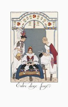 Entre deux foux.  Between two fools.  from George Barbier's almanac Falbalas et Stock Illustration
