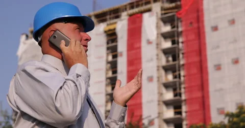 Entrepreneur Builder Construction Site Engineer Man Talk Mobile Phone Team Work Stock Footage 54595447