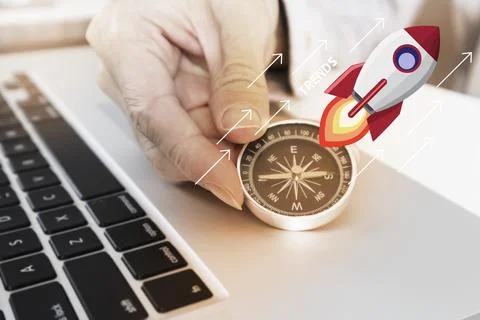 Entrepreneurial mindset has a compass for working and a vision for setting .. Stock Photos