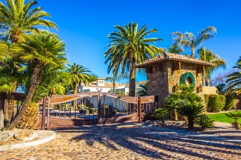 Entry Gate Surrounded By Palm Trees Foto stock