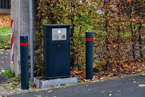 Entry intercom with buttons and speakers for rising barrier outdoors Stock Photos